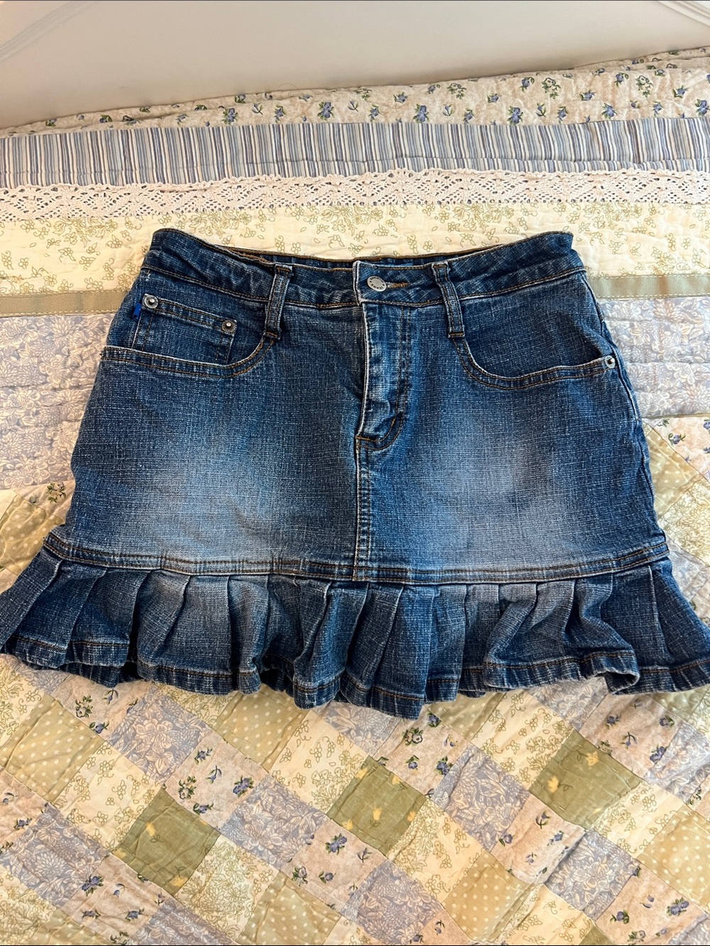 Denim Ruffle-Hem Mini Skirt with Built in Shorts